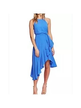Cece Blue Sleeveless Cascading Ruffle Halter Dress
